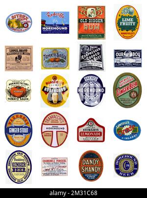 A selection of vintage labels organised in a grid against a white background. Stock Photo