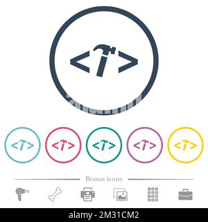 Web development with hammer flat color icons in round outlines. 6 bonus icons included. Stock Vector