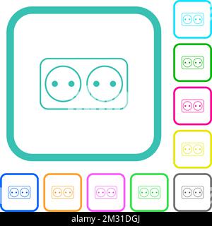 Electrical outlet with two sockets outline vivid colored flat icons in curved borders on white background Stock Vector
