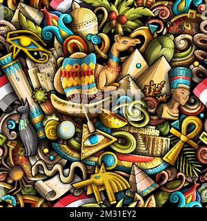 Cartoon doodles Egypt seamless pattern. Backdrop with local Egyptian culture symbols and items. Colorful background for print on fabric, textile, gree Stock Vector