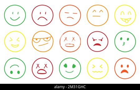 Set of color emojis faces icons. Line art style. Vector illustration isolated on white background Stock Vector