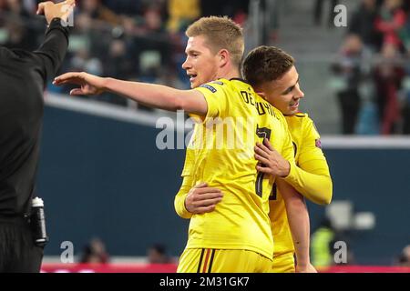 Belgium's Thorgan Hazard scoring the 0-1 goal during the match of the Belgian national soccer team the Red Devils against Russia, Saturday 16 November 2019, in Saint-Petersburg, Russia, a qualification game for the Euro2020 tournament. BELGA PHOTO BRUNO FAHY  Stock Photo