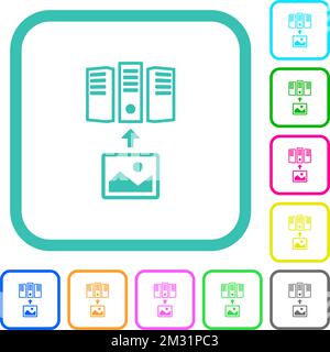 Upload image to server outline vivid colored flat icons in curved borders on white background Stock Vector