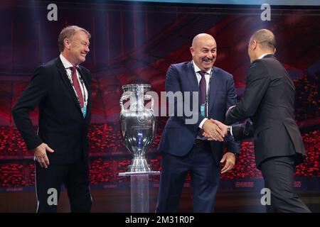 Denmark's head coach Age Hareide, Russia's head coach Stanislav Tchertchessov and Belgium's head coach Roberto Martinez pictured during the UEFA Euro 2020 final tournament draw, Saturday 30 November 2019, in Bucharest, Romania. The Euro 2020 tournament takes place from 12 June to 12 July 2020 and will be held in 12 cities across Europe. BELGA PHOTO BRUNO FAHY Stock Photo