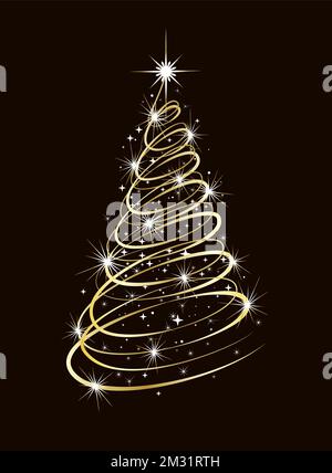 Christmas tree in gold color with glowing lights on a dark background. Stock Vector