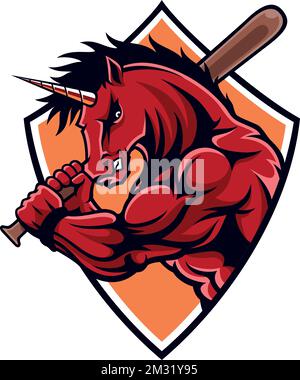 Aggressive Red Unicorn Holding Baseball Bat Stock Vector