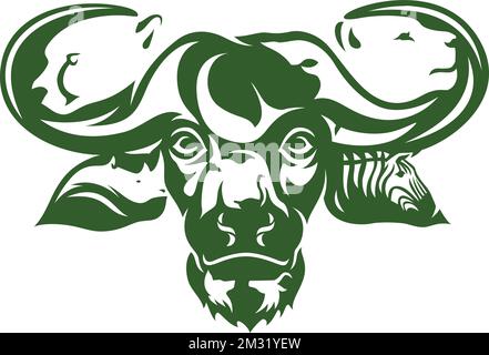 Water Buffalo Head Design with many Animals Included Stock Vector