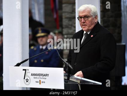 President of Germany Frank-Walter Steinmeier delivers a speech at the commemoration of the 75th anniversary of the Battle of the Bulge, on Monday 16 December 2019, at the Mardasson Memorial in Bastogne. The Battle took place during the second World War from December 16th 1944 until January 25th 1945. BELGA PHOTO DIRK WAEM Stock Photo