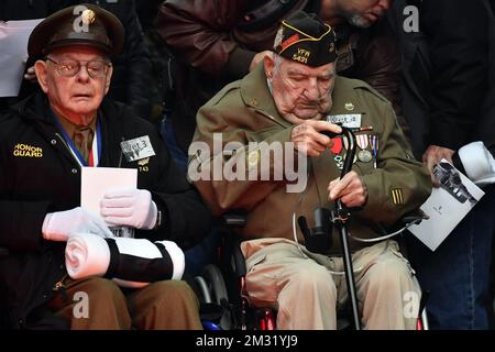 Veterans pictured at the commemoration of the 75th anniversary of the Battle of the Bulge, on Monday 16 December 2019, at the Mardasson Memorial in Bastogne. The Battle took place during the second World War from December 16th 1944 until January 25th 1945. BELGA PHOTO DIRK WAEM Stock Photo