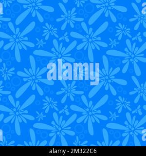 Simple floral seamless patterns. Daisy flowers in blue color. Sketch flat drawing. Botanical collage in modern trendy style. Stock Vector