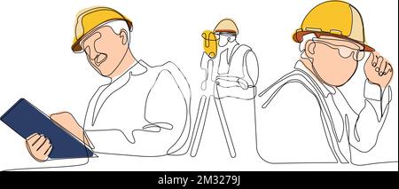 Close up of young Caucasian worker with helmet on head using tablet for work while standing in warehouse. Surveyor with a tripod icon. Geodesic tripod. Vector illustration Stock Vector