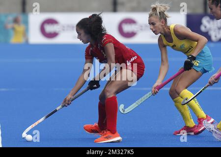 Belgium's Ambre Ballenghien (L) pictured in action during a hockey game between Belgian national team the Red Panthers and Australia, game 2 out of 16 in the group stage of the women's FIH Pro League competition, Sunday 26 January 2020 in Sydney, Australia. BELGA PHOTO STEVE CHRISTO  Stock Photo