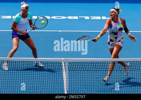 Belgian Elise Mertens and Belarussian Aryna Sabalenka pictured during a tennis match between Belgian-Belarussian pair Mertens-Sabalenka and Russian-US pair Kudermetova-Riske, in the third round of the women's doubles competition of the 'Australian Open' tennis Grand Slam, Monday 27 January 2020 in Melbourne Park, Melbourne, Australia. Stock Photo