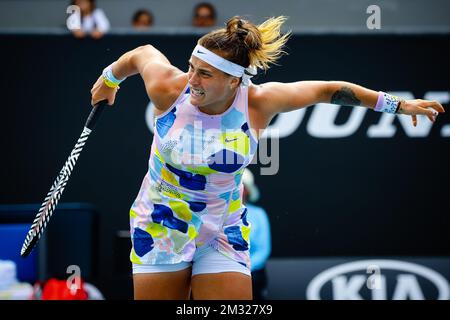 Belarussian Aryna Sabalenka pictured during a tennis match between Belgian-Belarussian pair Mertens-Sabalenka and Russian-US pair Kudermetova-Riske, in the third round of the women's doubles competition of the 'Australian Open' tennis Grand Slam, Monday 27 January 2020 in Melbourne Park, Melbourne, Australia. Stock Photo
