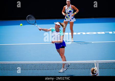 Belgian Elise Mertens and Belarussian Aryna Sabalenka pictured during a tennis match between Belgian-Belarussian pair Mertens-Sabalenka and Russian-US pair Kudermetova-Riske, in the third round of the women's doubles competition of the 'Australian Open' tennis Grand Slam, Monday 27 January 2020 in Melbourne Park, Melbourne, Australia. Stock Photo