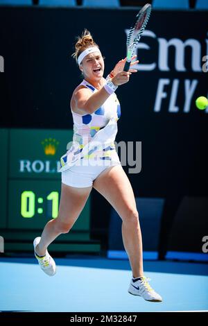 Belarussian Aryna Sabalenka pictured during a tennis match between Belgian-Belarussian pair Mertens-Sabalenka and Chinese Taipei pair Hao-Ching Chan and Latisha Chan, in the quarterfinals of the women's doubles competition of the 'Australian Open' tennis Grand Slam, Tuesday 28 January 2020 in Melbourne Park, Melbourne, Australia. Stock Photo