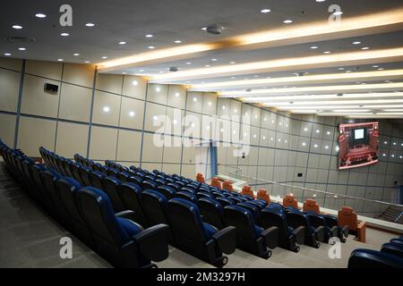 Huge and luxurious University auditorium chairs. Blue theatre chairs. Stock Photo