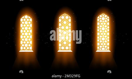 Blessing light flows through mosque window, radiance via stained-glass window with arabic grating pattern, vector Stock Vector