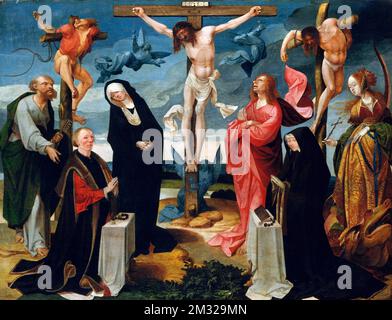 The Crucifixion with Donors and Saints Peter and Margaret by Cornelis Engebrechtsz (1462-1527), oil on wood, c. 1525-27 Stock Photo