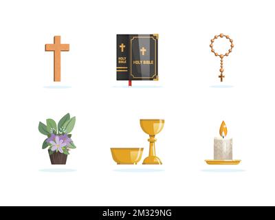 Religious items set. Cross, bible, rossary, plant, chalice and candle. Vector illustration Stock Vector