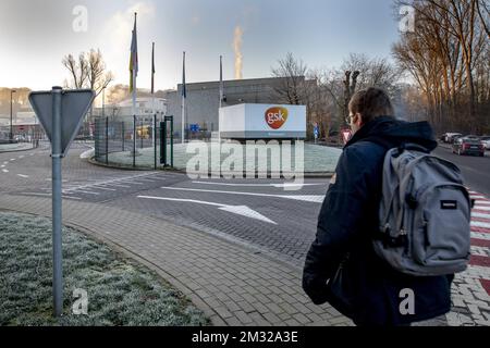 Illustration picture shows the logo of GSK ahead of a personnel meeting of the GSK Vaccines and pharmaceutical company at the GSK GlaxoSmithKline Biologicals plant of the group, in Rixensart, Friday 07 February 2020. A reform plan is reportedly threatening 720 jobs. BELGA PHOTO HATIM KAGHAT Stock Photo