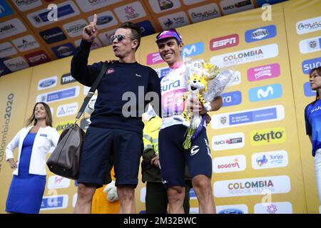 Colombian Rigoberto Uran of EF Education First Pro Cycling and Colombian Sergio Higuita of EF Education First Pro Cycling celebrate on the podium after the fourth stage of the Tour of Colombia cycling race, 168,6 km from Paipa to Santa Rosa de Viterbo, in Colombia, Friday 14 February 2020. BELGA PHOTO YUZURU SUNADA - FRANCE OUT  Stock Photo