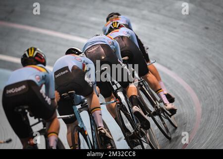 Illustration picture taken during a training session of the selected cyclists for the upcoming track cycling worlds championships, Tuesday 18 February 2020, in Gent. The UCI World Track Cycling Championships take place in Berlin, Germany from 26/02 to 01/03. BELGA PHOTO DAVID STOCKMAN Stock Photo