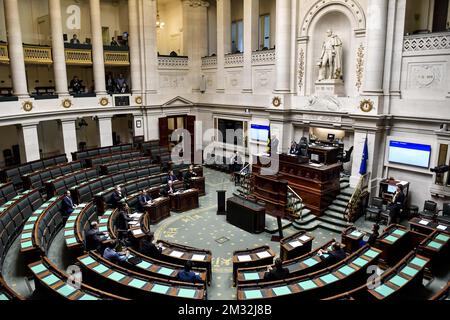 Illustration picture shows a near-empty Parliament, with only the Prime-Minister, Vice-Prime Ministers and the Group Leaders present, during a plenary session of the chamber at the federal parliament, in Brussels, Tuesday 17 March 2020. It is expected that the Prime Minister will ask a vote of confidence for her minority government in current affairs, so that the government can take the necessary decisions to fight the corona crisis more easily. BELGA PHOTO DIRK WAEM Stock Photo