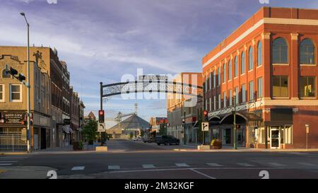 Historic Canteen District as viewed N Dewey Street and E 4th Street in downtown North Platte, Nebraska Stock Photo