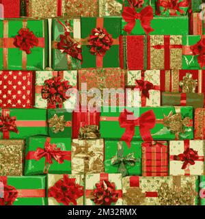 Holiday gift packages, wrapped green boxes, with gold ribbons and red bows. Background with colorful decorated gift boxes. Stock Vector