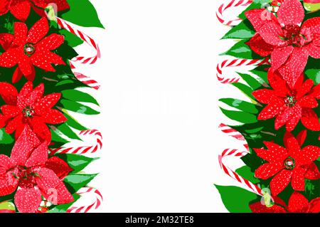 Poinsettia and candy cane background with copy space. Holiday and Christmas seasonal illustration copy space in the center. Stock Vector