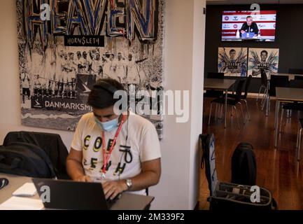 The press room pictured during a press conference of the Danish national soccer team, Friday 04 September 2020 in Copenhagen, Denmark. Tomorrow Denmark is meeting Belgium, their first game in the Nations League. BELGA PHOTO LISELOTTE SABROE BELGIUM ONLY Stock Photo