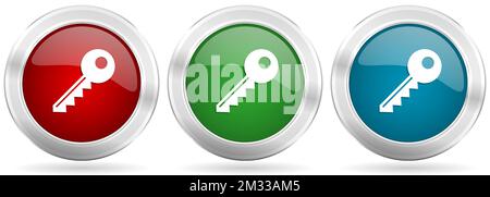 Key vector icon set. Red, blue and green silver metallic web buttons with chrome border Stock Vector