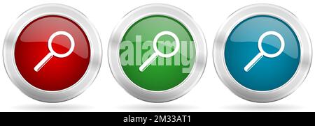 Search vector icon set. Red, blue and green silver metallic web buttons with chrome border Stock Vector