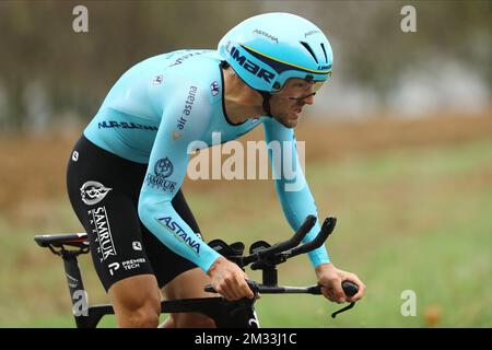 Belgian Laurens de Vreese of Astana Pro Team pictured in action during the third stage of the Binckbank Tour cycling race, 8,1 km individual time trial, in Riemst, Friday 02 October 2020. Due to Covid-19 the stages in Netherlands are cancelled, only the stages in Belgium will be run. BELGA PHOTO DAVID PINTENS Stock Photo