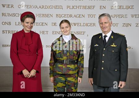 Queen Mathilde of Belgium, Crown Princess Elisabeth and King Philippe - Filip of Belgium pictured during the opening ceremony of the academic year 2020-2021 at the Royal Military Academy (Koninklijke Militaire School/ Ecole Royale Militaire) in Brussels, Thursday 08 October 2020. BELGA PHOTO ERIC LALMAND  Stock Photo