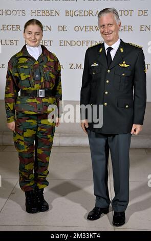 Crown Princess Elisabeth and King Philippe - Filip of Belgium pose for the photographer during the opening ceremony of the academic year 2020-2021 at the Royal Military Academy (Koninklijke Militaire School/ Ecole Royale Militaire) in Brussels, Thursday 08 October 2020. BELGA PHOTO ERIC LALMAND Stock Photo