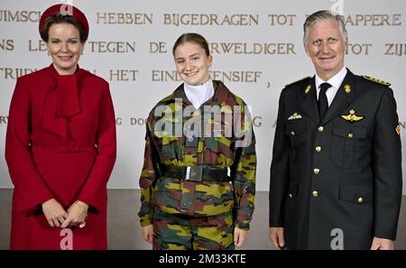 Queen Mathilde of Belgium, Crown Princess Elisabeth and King Philippe - Filip of Belgium pose for the photographer during the opening ceremony of the academic year 2020-2021 at the Royal Military Academy (Koninklijke Militaire School/ Ecole Royale Militaire) in Brussels, Thursday 08 October 2020. BELGA PHOTO ERIC LALMAND Stock Photo