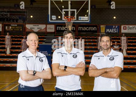 assistant coach Fred Young, Head coach Ian Hanavan and assisten coach Phivos Livaditis pose at a photoshoot of Belgian Basketball team Phoenix Brussels, ahead of the 2020-2021 EuroMillions League, Friday 09 October 2020 in Brussels. BELGA PHOTO JASPER JACOBS Stock Photo