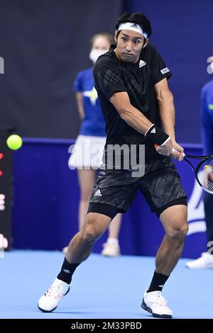 Japanese Yasutaka Uchiyama pictured in action during a qualification game between Great Britain Liam Broady and Japanese Yasutaka Uchiyama of the European Open Tennis ATP tournment, in Antwerp, Sunday 18 October 2020. BELGA PHOTO LAURIE DIEFFEMBACQ Stock Photo