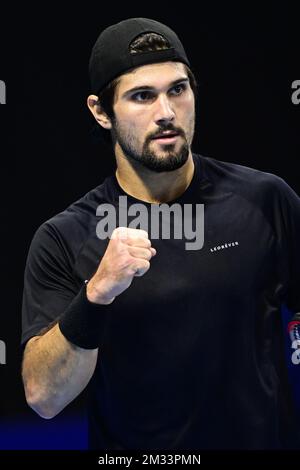 ATTENTION EDITORS - HAND OUT - EDITORIAL USE ONLY - NO SALES - US Marcos Giron celebrates during a qualifying game of the simple men competition between US Marcos Giron and Japanese Yasutaka Uchiyama of the European Open Tennis ATP tournment, in Antwerp, Monday 19 October 2020. BELGA PHOTO LAURIE DIEFFEMBACQ Stock Photo