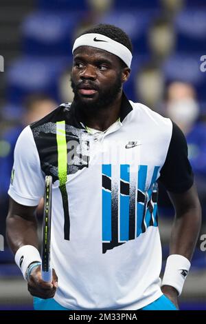 ATTENTION EDITORS - HAND OUT - EDITORIAL USE ONLY - NO SALES - US Frances Tiafoe pictured during a first round of the simples men competition between Serbian Dusan Lajovic and US Frances Tiafoe at the European Open Tennis ATP tournment, in Antwerp, Monday 19 October 2020. BELGA PHOTO LAURIE DIEFFEMBACQ Stock Photo