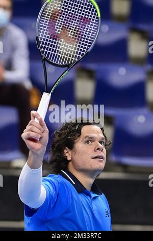 ATTENTION EDITORS - HAND OUT - EDITORIAL USE ONLY - NO SALES - NO MARKETING - Canadian Milos Raonic celebrates after winning the match between British Norrie and Canadian Raonic, in the second round of the men's singles competition at the European Open Tennis ATP tournament, in Antwerp, Thursday 22 October 2020. BELGA PHOTO LAURIE DIEFFEMBACQ Stock Photo