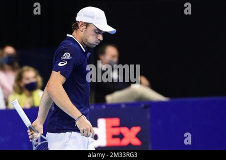 ATTENTION EDITORS - HAND OUT - EDITORIAL USE ONLY - NO SALES - NO MARKETING - Belgian David Goffin looks dejected during the match between Belgian Goffin and US Giron, in the second round of the men's singles competition at the European Open Tennis ATP tournament, in Antwerp, Thursday 22 October 2020. BELGA PHOTO LAURIE DIEFFEMBACQ Stock Photo