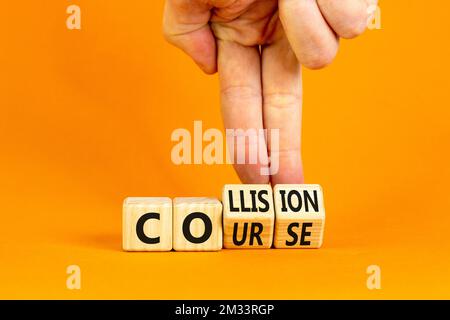 Collision course symbol. Concept word Collision course on wooden cubes. Beautiful orange table orange background. Businessman hand. Business collision Stock Photo