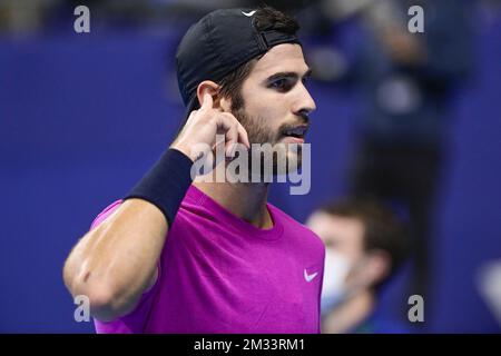 ATTENTION EDITORS - HAND OUT - EDITORIAL USE ONLY - NO SALES - NO MARKETING - Russian Karen Khachanov celebrates during the match between British Evans and Russian Khachanov, in the quarter final round of the men's singles competition at the European Open Tennis ATP tournament, in Antwerp, Friday 23 October 2020. BELGA PHOTO LAURIE DIEFFEMBACQ Stock Photo