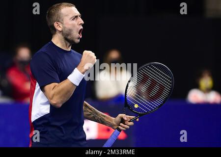 ATTENTION EDITORS - HAND OUT - EDITORIAL USE ONLY - NO SALES - NO MARKETING - UK Daniel Evans celebrates during the match between British Evans and Russian Khachanov, in the quarter final round of the men's singles competition at the European Open Tennis ATP tournament, in Antwerp, Friday 23 October 2020. BELGA PHOTO LAURIE DIEFFEMBACQ Stock Photo