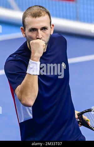 ATTENTION EDITORS - HAND OUT - EDITORIAL USE ONLY - NO SALES - NO MARKETING - British Daniel Evans celebrates during a tennis match between British Evans and French Humbert, the semi-finals of the men's singles competition at the European Open Tennis ATP tournament in Antwerp, Saturday 24 October 2020. BELGA PHOTO LAURIE DIEFFEMBACQ Stock Photo