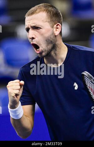 ATTENTION EDITORS - HAND OUT - EDITORIAL USE ONLY - NO SALES - NO MARKETING - British Daniel Evans celebrates during a tennis match between British Evans and French Humbert, the semi-finals of the men's singles competition at the European Open Tennis ATP tournament in Antwerp, Saturday 24 October 2020. BELGA PHOTO LAURIE DIEFFEMBACQ Stock Photo