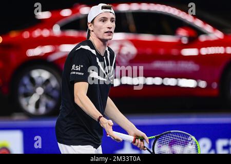 ATTENTION EDITORS - HAND OUT - EDITORIAL USE ONLY - NO SALES - NO MARKETING - French Ugo Humbert reacts during a tennis match between British Evans and French Humbert, the semi-finals of the men's singles competition at the European Open Tennis ATP tournament in Antwerp, Saturday 24 October 2020. BELGA PHOTO LAURIE DIEFFEMBACQ Stock Photo